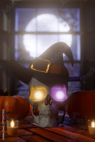 Obraz Halloween skull with glowing eyes wearing a witch hat surrounded by pumpkins and candles. 3d rendering