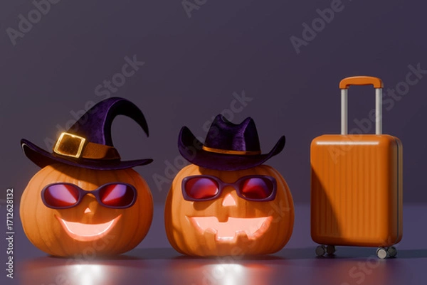 Obraz Halloween pumpkins wearing hats and sunglasses next to an orange suitcase. 3d rendering