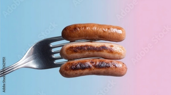 Fototapeta Grilled sausages on a fork, isolated on a soft blue and Pink Pastel background 