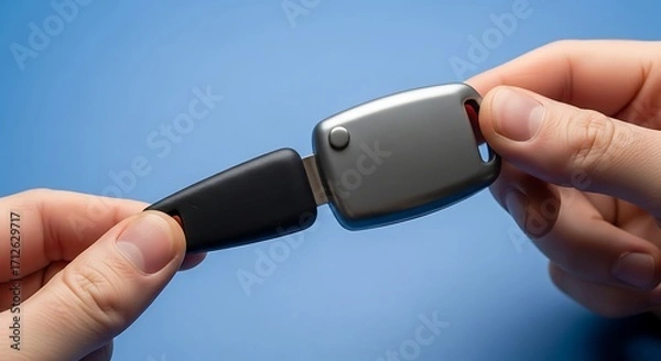 Fototapeta Person holding a car key with a detachable USB drive.