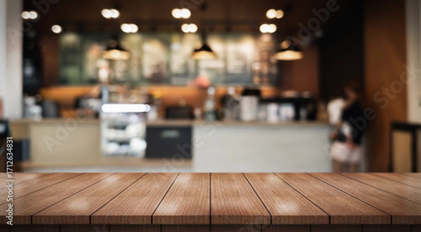 Fototapeta Empty wooden table top with lights bokeh on blur restaurant background.	
