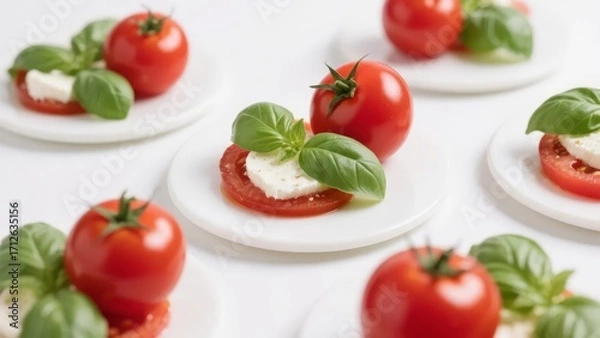 Fototapeta Fresh tomato slices topped with mozzarella and basil leaves arranged on small white plates