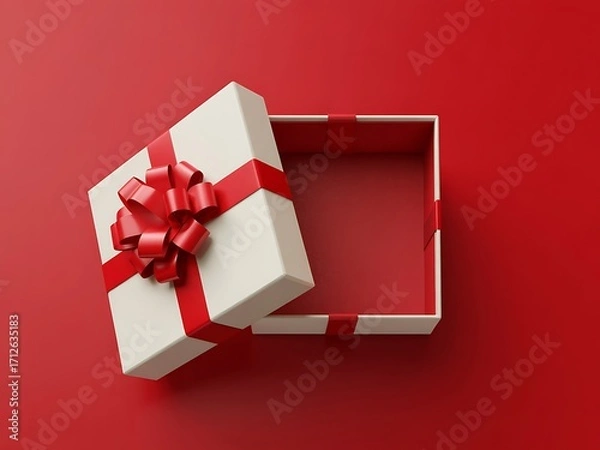 Obraz An open white gift box with a red ribbon and bow sits on a vibrant red background symbolizing surprise and anticipation