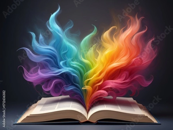 Fototapeta Rainbow Flames Erupting from an Open Book A Magical Illustration