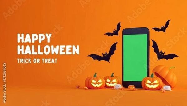 Fototapeta 3D rendering of a festive Halloween concept featuring a smartphone with a green screen for mockups, surrounded by glowing jack-o'-lanterns and bats on a vibrant orange background
