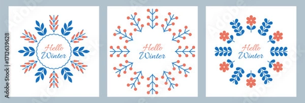 Fototapeta Hello Winter! Set of posters featuring simple wreaths of winter leaves, branches and berries in Scandinavian style. Template designs for covers, invitations, greeting cards, advertisements.