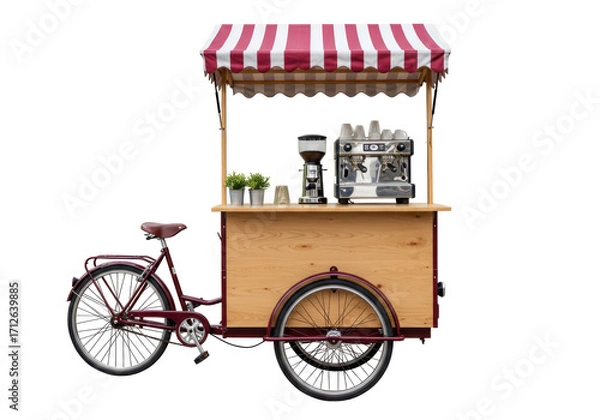Obraz Isolated red coffee tricycle with espresso maker and striped awning for market stand