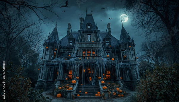 Fototapeta Spooky gothic house with glowing jack o’ lanterns and eerie moonlight atmosphere