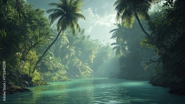 Obraz Serene tropical river flowing through lush jungle.