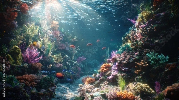 Obraz Sunlit vibrant coral reef teeming with colorful fish.