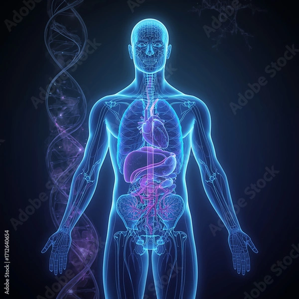 Fototapeta Human anatomy with transparent body highlighting organs and digestive system