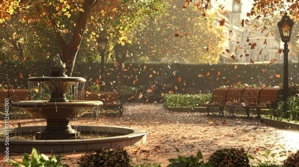 Obraz Autumn park scene with fountain, falling leaves, and benches.