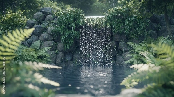 Obraz Serene waterfall cascading into a tranquil pond, surrounded by lush greenery and moss-covered rocks.