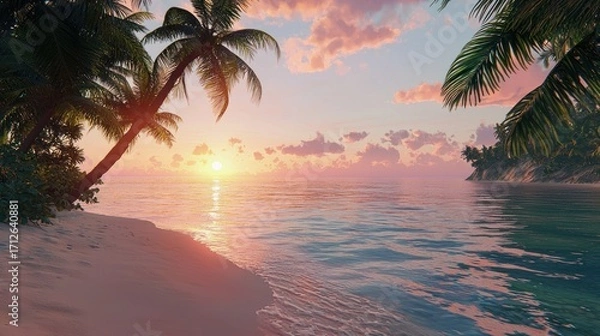 Obraz Serene sunset on a tropical beach with palm trees.