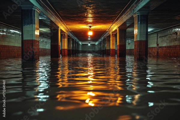 Fototapeta Flooded hallway in building.