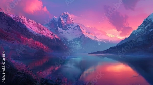 Obraz Pink sunset over snow-capped mountains reflected in a calm lake.