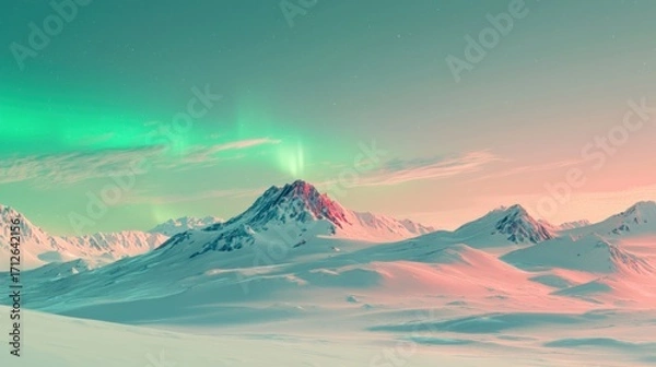 Obraz Arctic mountains at sunset with aurora borealis.