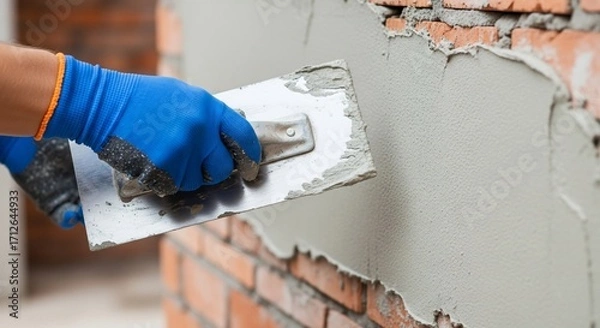 Obraz Plastering Brick Wall: A Construction Worker's Hands Applying Plaster Using a Trowel