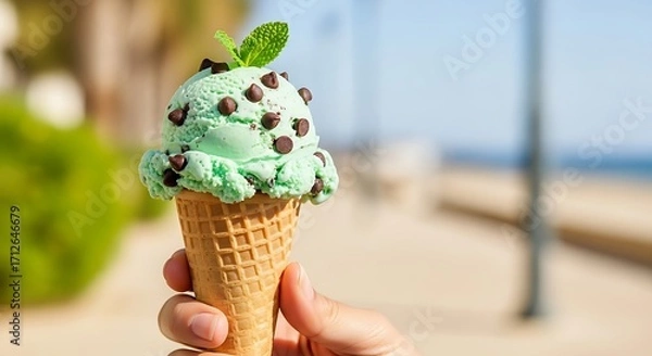 Fototapeta Refreshing Mint Chocolate Chip Ice Cream Cone on Beach.