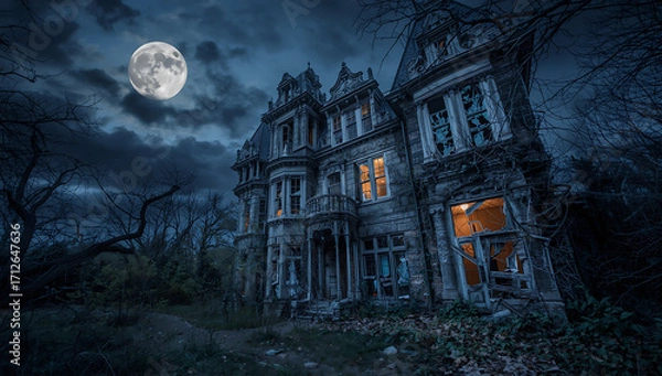 Fototapeta Whispers of the Forgotten Manor: A Full Moon Awakens the Shadows of an Abandoned Past
