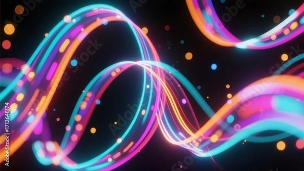 Fototapeta Vibrant neon ribbons swirling in a dark space with glowing particles