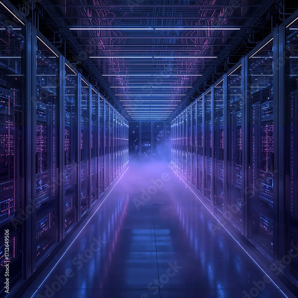 Fototapeta Modern Data Center Hallway Featuring Digital Network Infrastructure and Lights