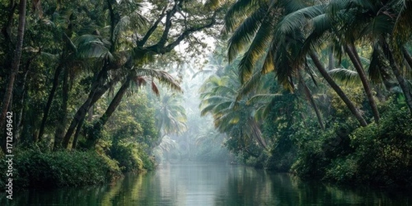 Fototapeta Tropical rainforest interior where mist diffuses the light, foliage dripping with water, jungle floor damp