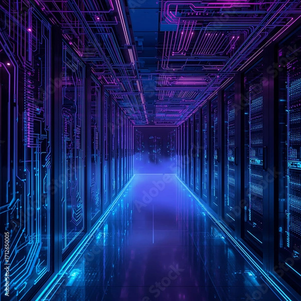 Fototapeta Futuristic Data Center Corridor with Neon Lights and Advanced Server Technology