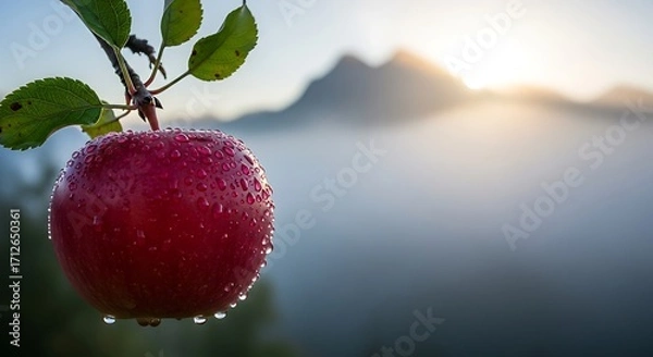 Fototapeta Ripe Red Apple on Branch Against Misty Mountain Background.
