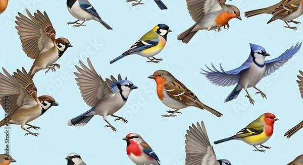 Fototapeta Seamless pattern with various colorful birds flying and perching on a light blue background.