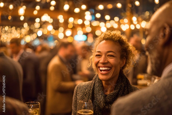 Fototapeta A vibrant scene of professionals networking at a festive holiday mixer, filled with twinkling Christmas lights and joyous laughter
