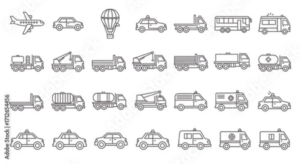 Fototapeta Vehicle Icons Set  Airplane Truck Car Ambulance Fire Engine and More Transportation Vector Illustrations