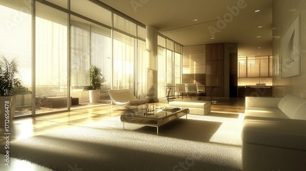 Fototapeta Sunlit modern apartment living room with city view.
