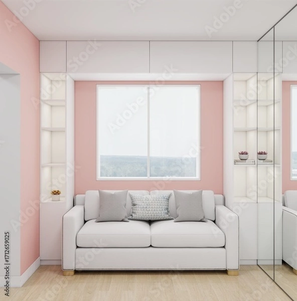 Obraz Cozy modern room with a white sofa, soft gray pillows, pink accent wall, large window, built-in shelves with decor, and a bright airy atmosphere filled with natural light