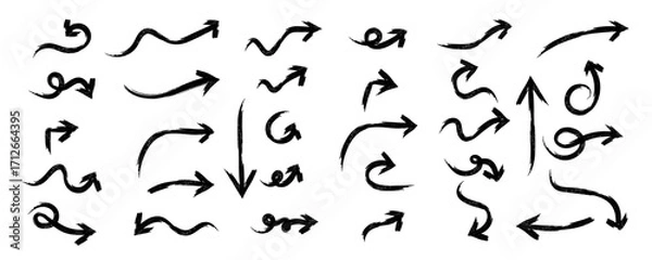 Fototapeta Hand-drawn arrow collection. Charcoal arrows, freehand, different, curved, swirls arrow, black chalk smears, check mark set. Bold brush stroke with scratches. Transparent png, and vector illustration