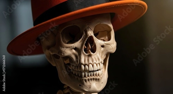 Fototapeta Skeleton Wearing a Red and Orange Hat.