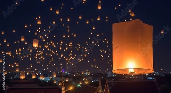 Fototapeta Sky Lanterns Festival - A Night of Floating Lights and Wishes.