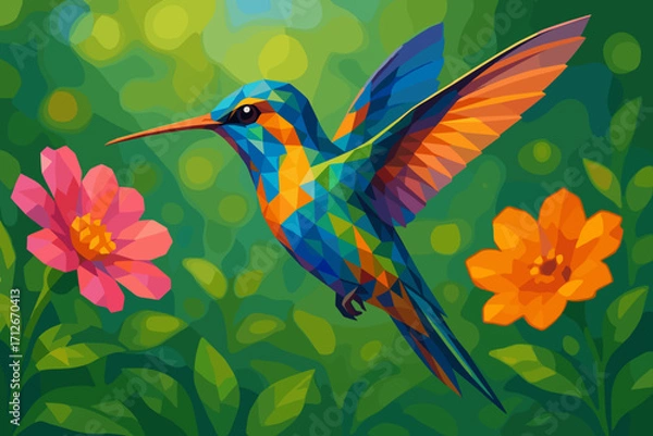 Fototapeta Vibrant hummingbird hovering among colorful flowers in a lush environment