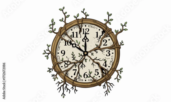 Fototapeta Time Roots
Flat vector of an old round clock stopped, with roots and small plants growing around and through it, symbolic, white background.generative ai
