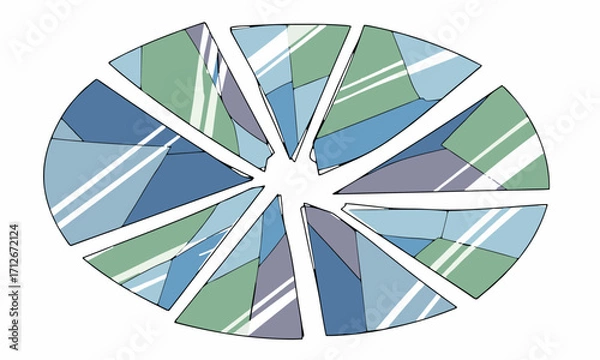 Fototapeta Fragmented Mirror
Vector drawing of an oval mirror broken into fragments, each piece showing abstract geometric reflections, clean flat design, white background.generative  ai