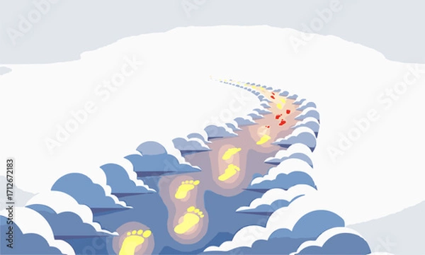Fototapeta Cloud Path
Minimal flat vector of a winding cloud path with glowing footsteps leading to a bright horizon, isolated on white background.generative ai
