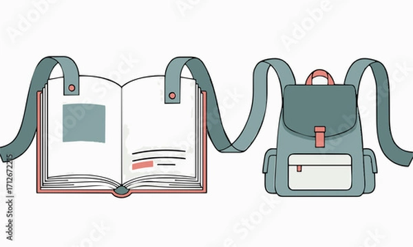 Fototapeta . Bookload
Minimalist flat vector illustration of an open book, its pages transforming into straps of a backpack, isolated on white background.generative ai