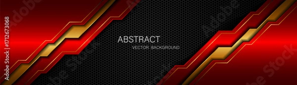 Fototapeta Abstract red and gold polygon with golden lines on dark steel mesh background with empty space for design. modern technology innovation concept background	