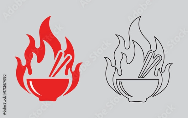 Fototapeta Fiery bowl of noodles with chopsticks, a symbol of spicy cuisine, presented in both red and black line art