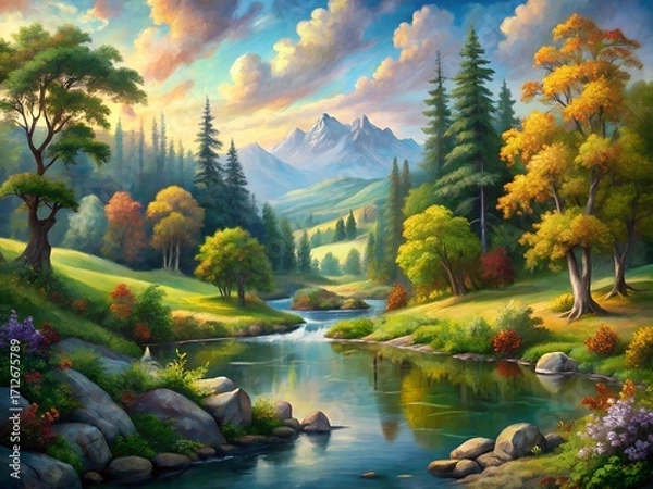 Fototapeta Vibrant autumn landscape with river and mountains under a colorful sky
