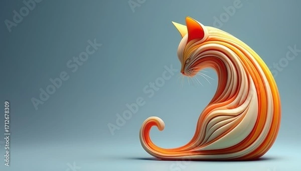 Fototapeta An elegant abstract cat sculpture crafted from flowing orange and white ribbon-like lines on a serene blue-gray background, a modern digital art concept