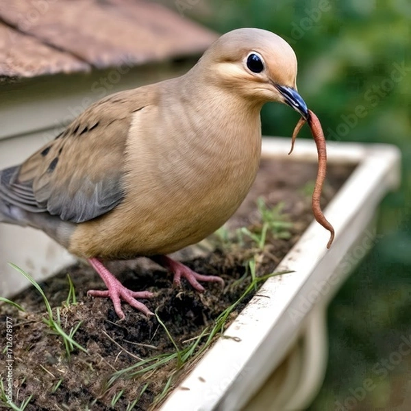 Fototapeta A mourning dove with distinctive markings holds a worm in its beak while perched on the edge of a house gutter filled with dirt 