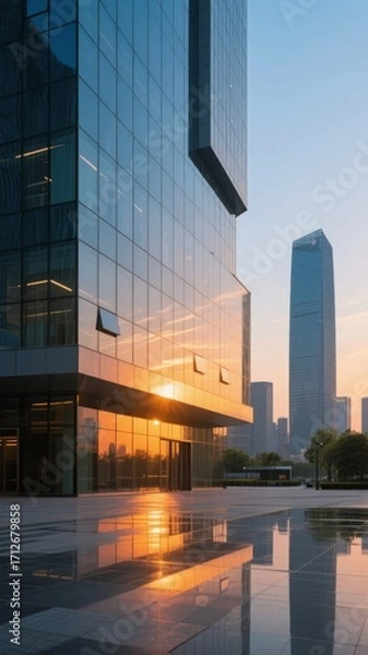 Fototapeta Modern glass skyscraper reflecting golden sunset light on a wet plaza with urban skyline in the background