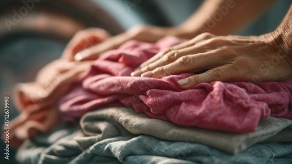 Fototapeta Folding clean laundry in a well lit laundry room during afternoon
