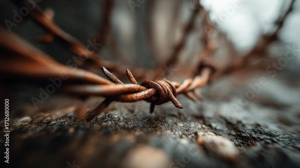 Fototapeta Rusty barbed wire close up in a blurred outdoor setting during overcast weather